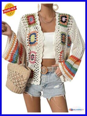 Crochet Cardigan Sweater Women Boho Open Front Knit Hippie Top